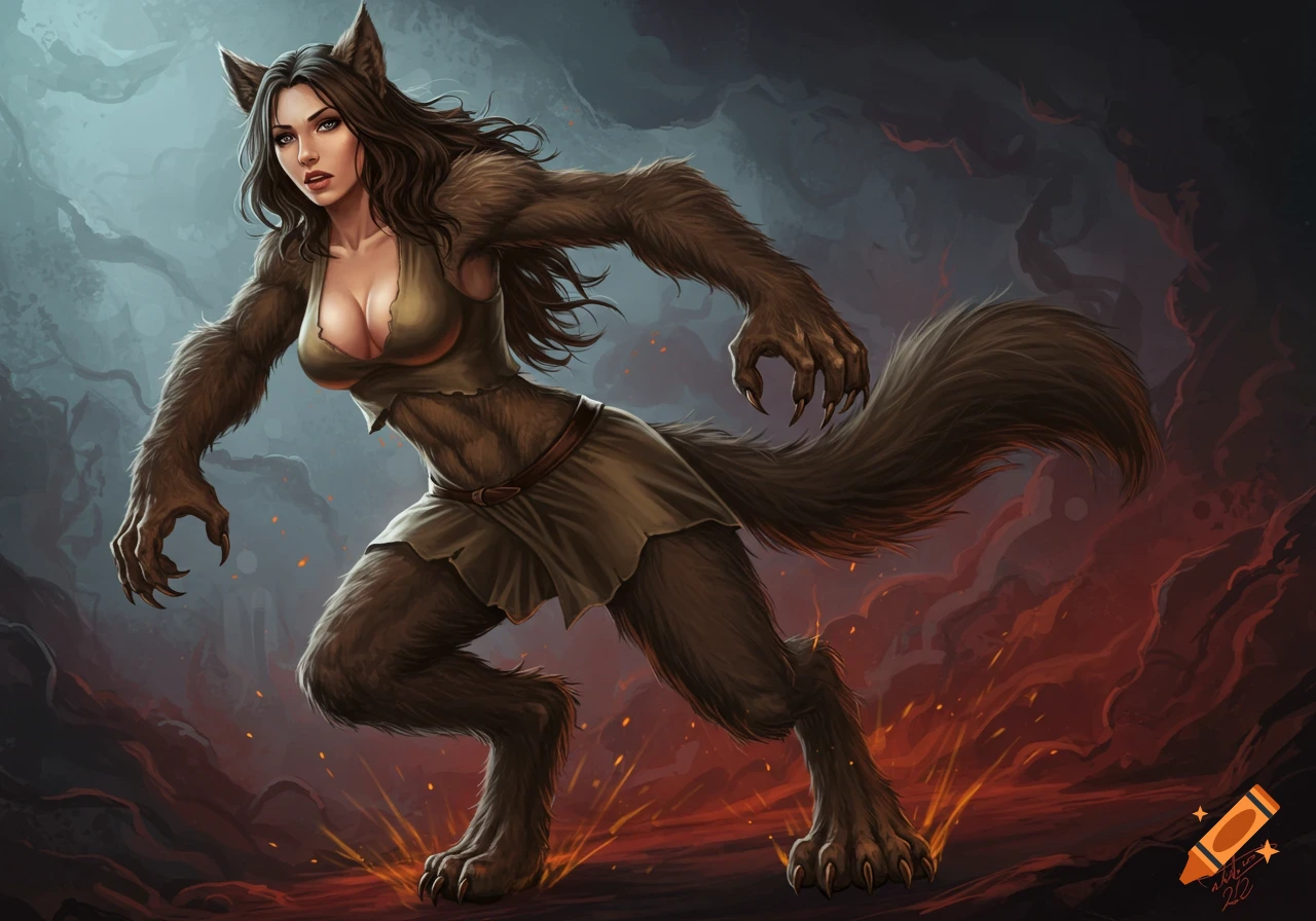 Fantasy art of a woman transforming into a were-animal, standing dynamically against a dark, fiery background.