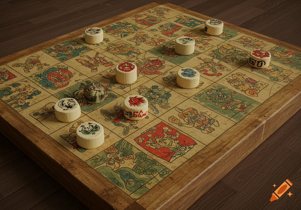 Wooden board game with illustrated squares and game pieces