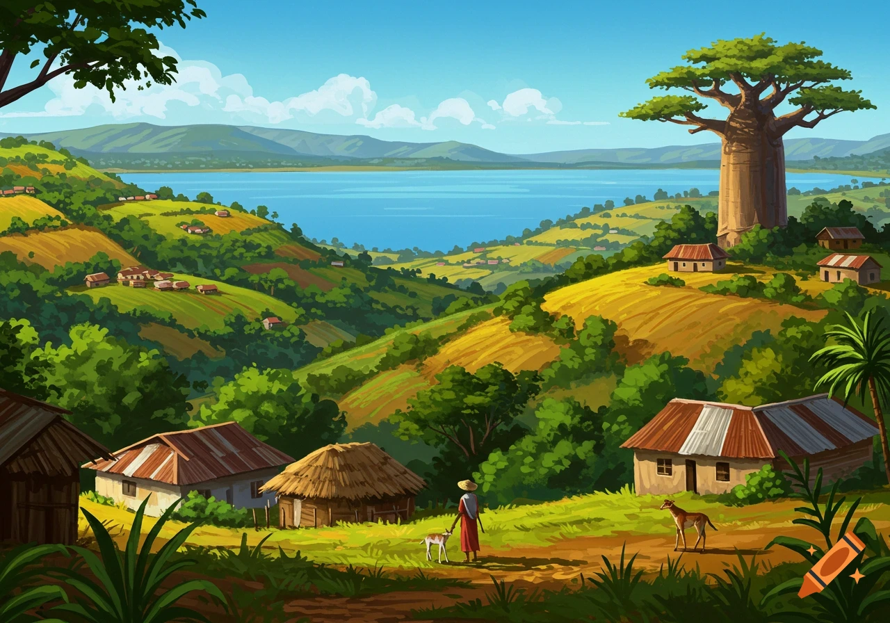 Illustration of a village on rolling hills by a lake with a large baobab tree, stylized landscape.