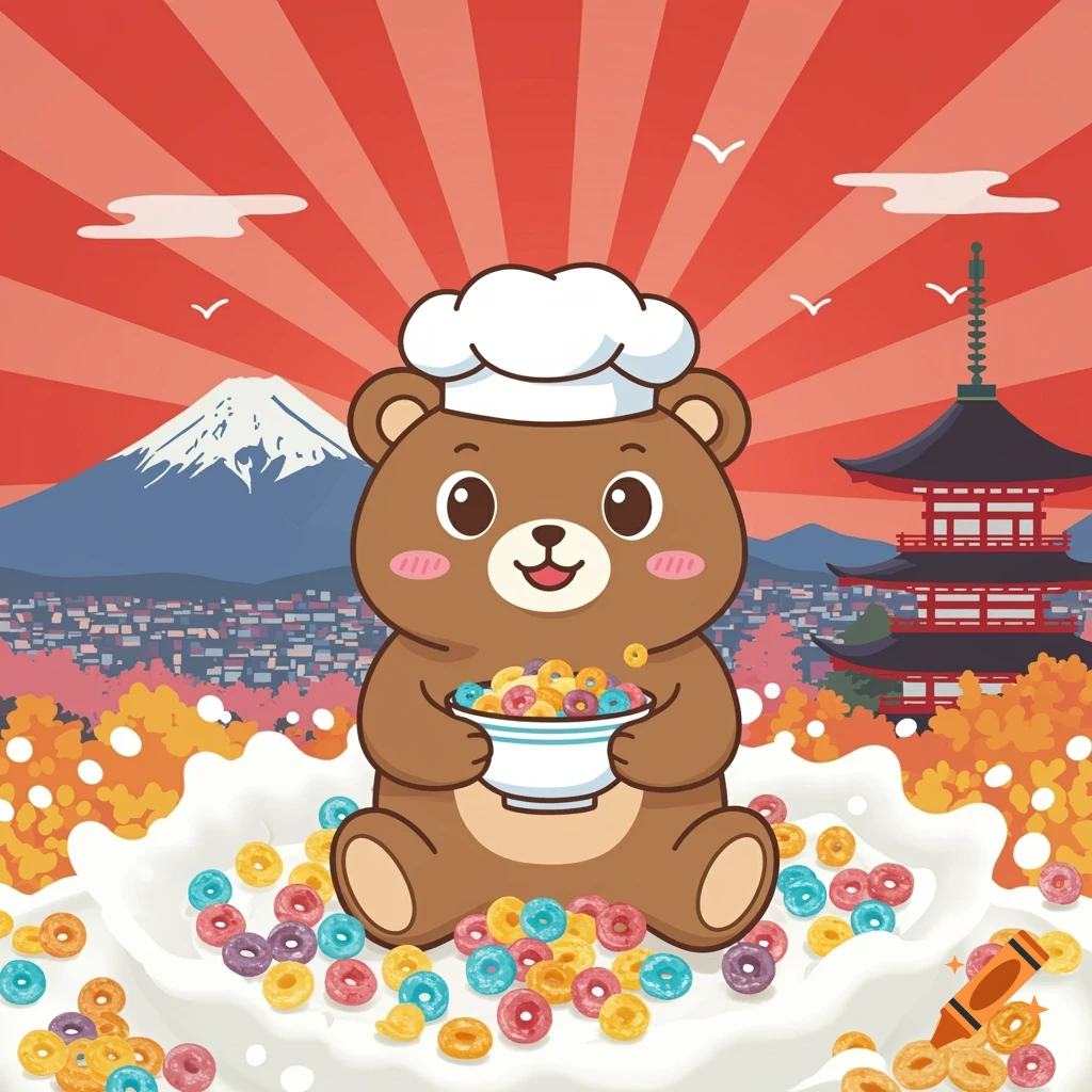 Cute cartoon bear in a chef hat holding a bowl of cereal, sitting in milk with cereal pieces, in front of a Japanese landscape.
