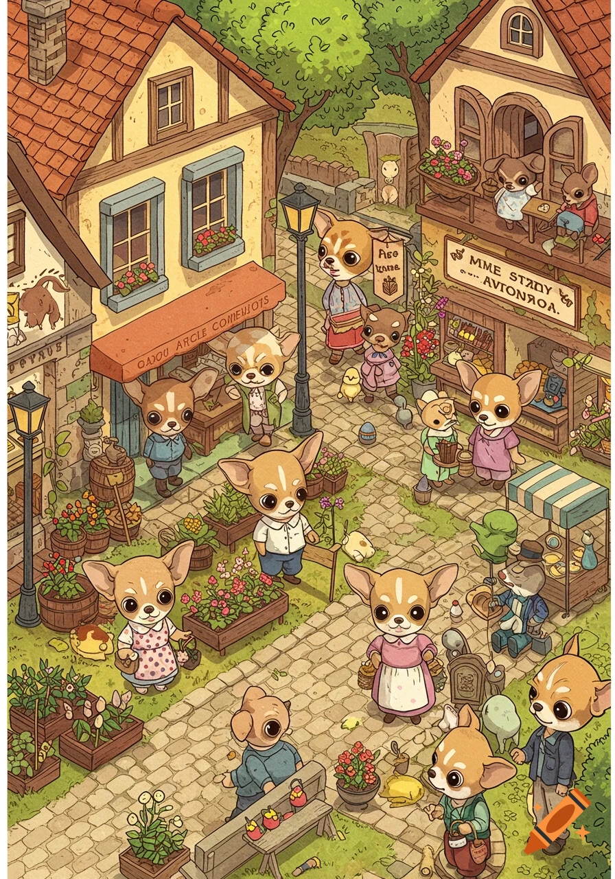 Cartoon chihuahuas milling about in a charming, busy village square with shops and market stalls.