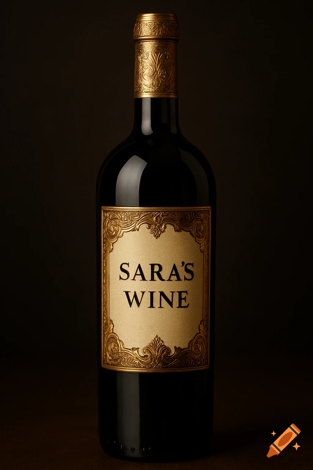 Photorealistic image of an expensive-looking bottle of red wine with a gold label reading "SARA'S WINE".