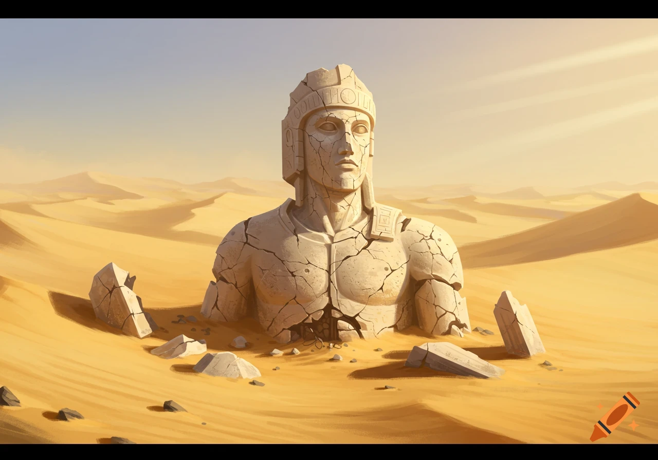 Cracked stone statue bust emerges from a sandy desert landscape.