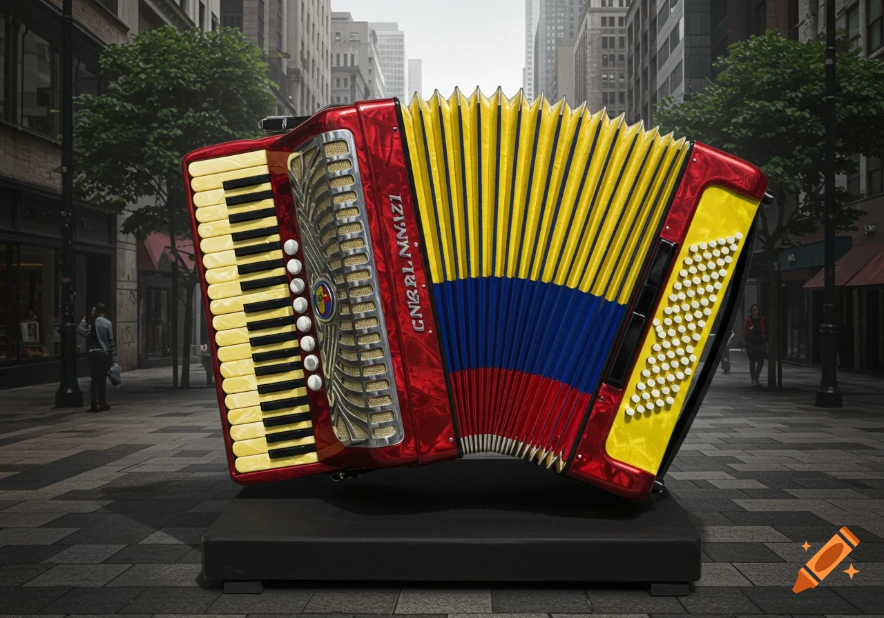 A red, yellow, and blue accordion with Colombian flag design on display in a city street.