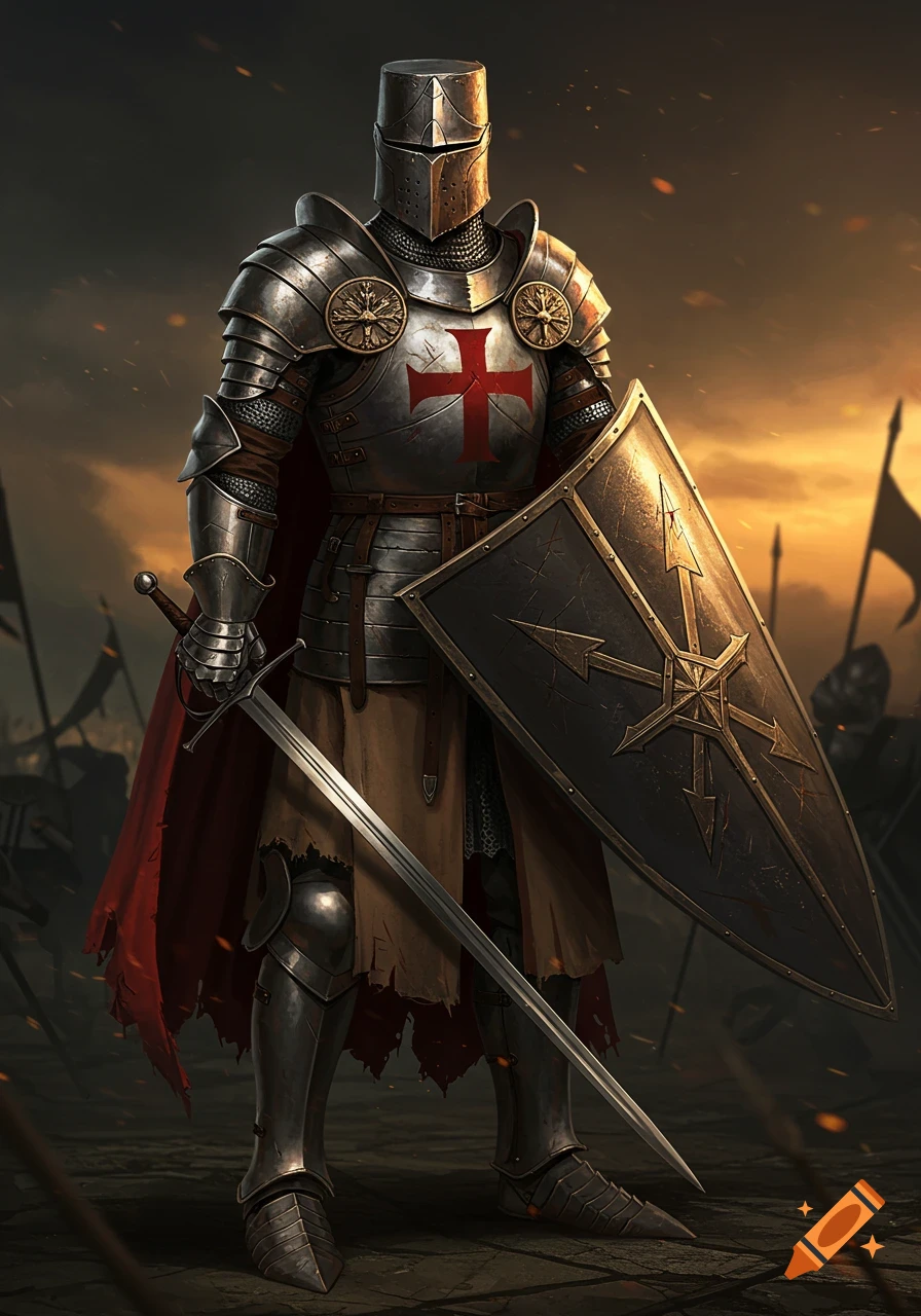 A knight in full plate armor stands on a battlefield, holding a large shield and a sword.