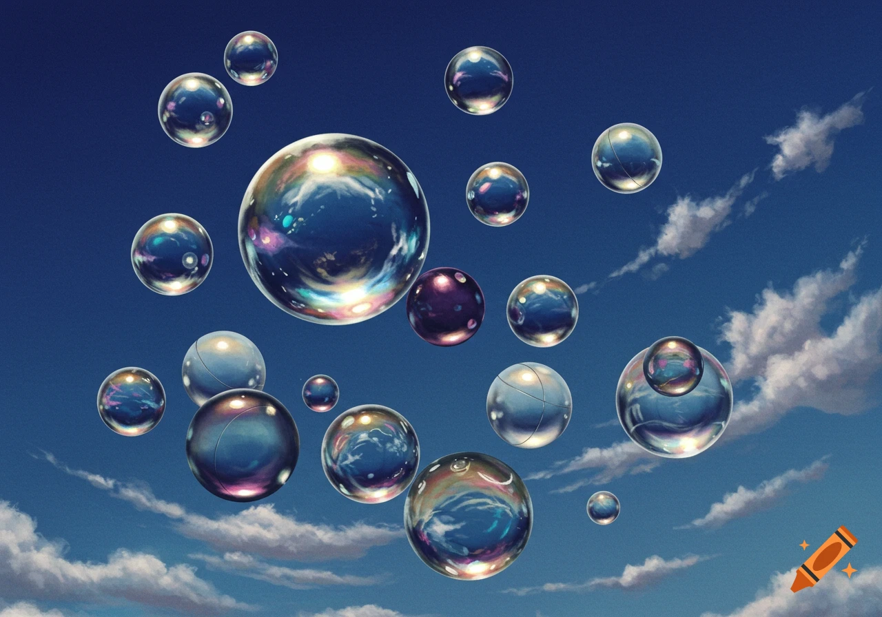 Floating bubbles against a blue sky.