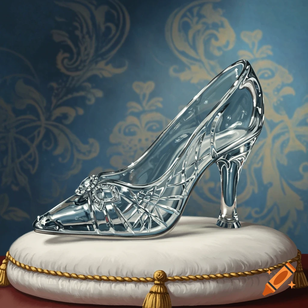 A sparkling glass slipper sits on a white cushion against a blue patterned background.