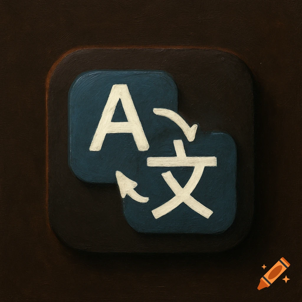 A stylized app icon depicting a letter A and a Chinese character with translation arrows, in a painted style.