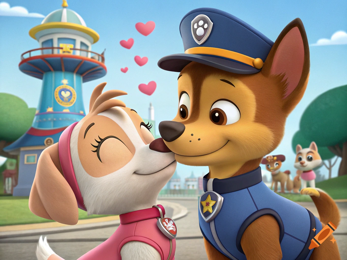 Cartoon characters Chase and Sweetie from Paw Patrol kissing on the cheek with hearts, lighthouse in background.