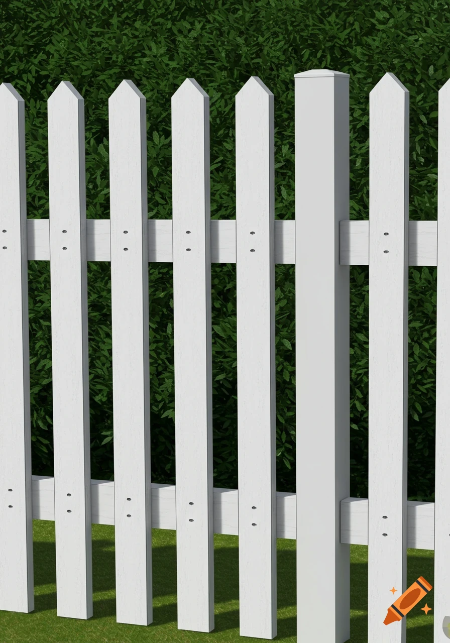 A detailed view of a white picket fence against a green hedge.