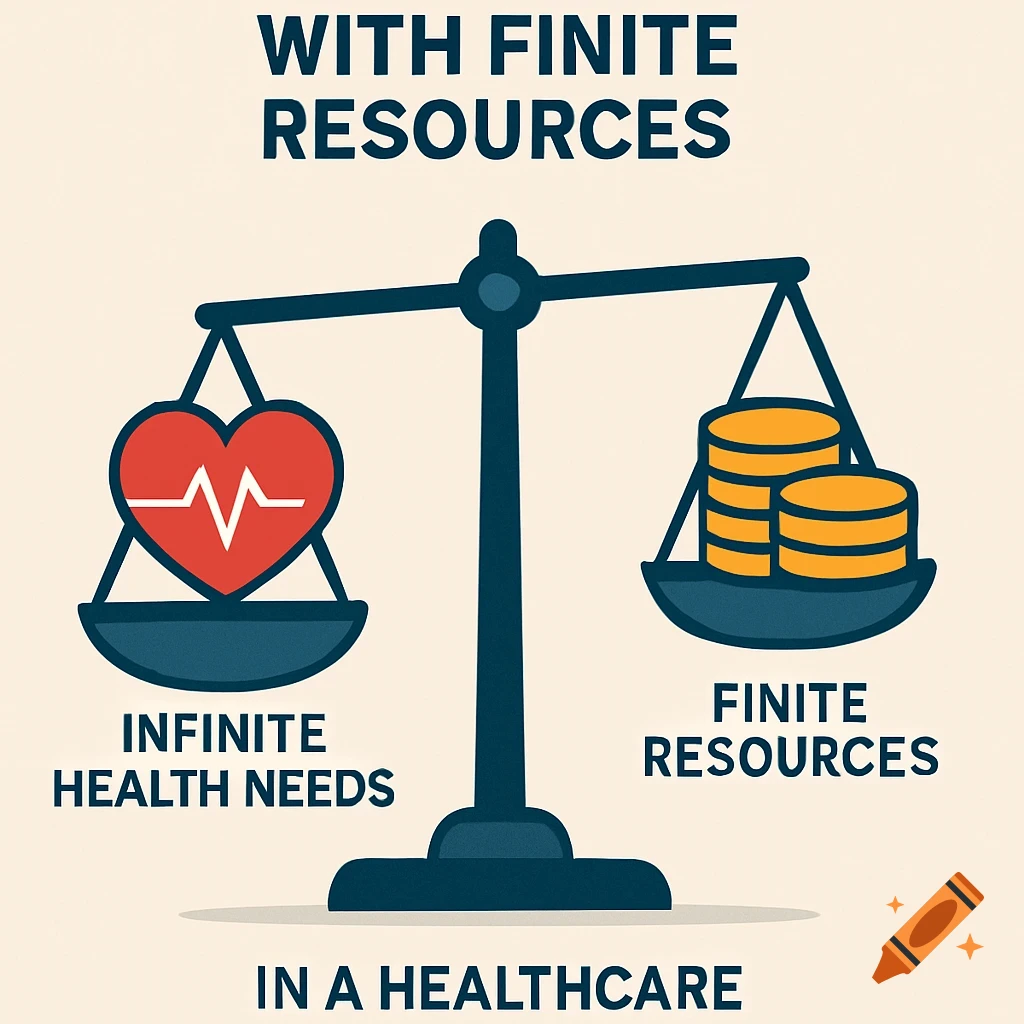 Illustration of a balance scale weighing a heart with ECG (infinite health needs) against coins (finite resources) in healthcare.
