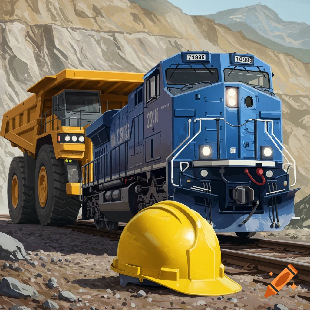 A large yellow dump truck, a blue train engine, and a yellow hard hat at a mine site.