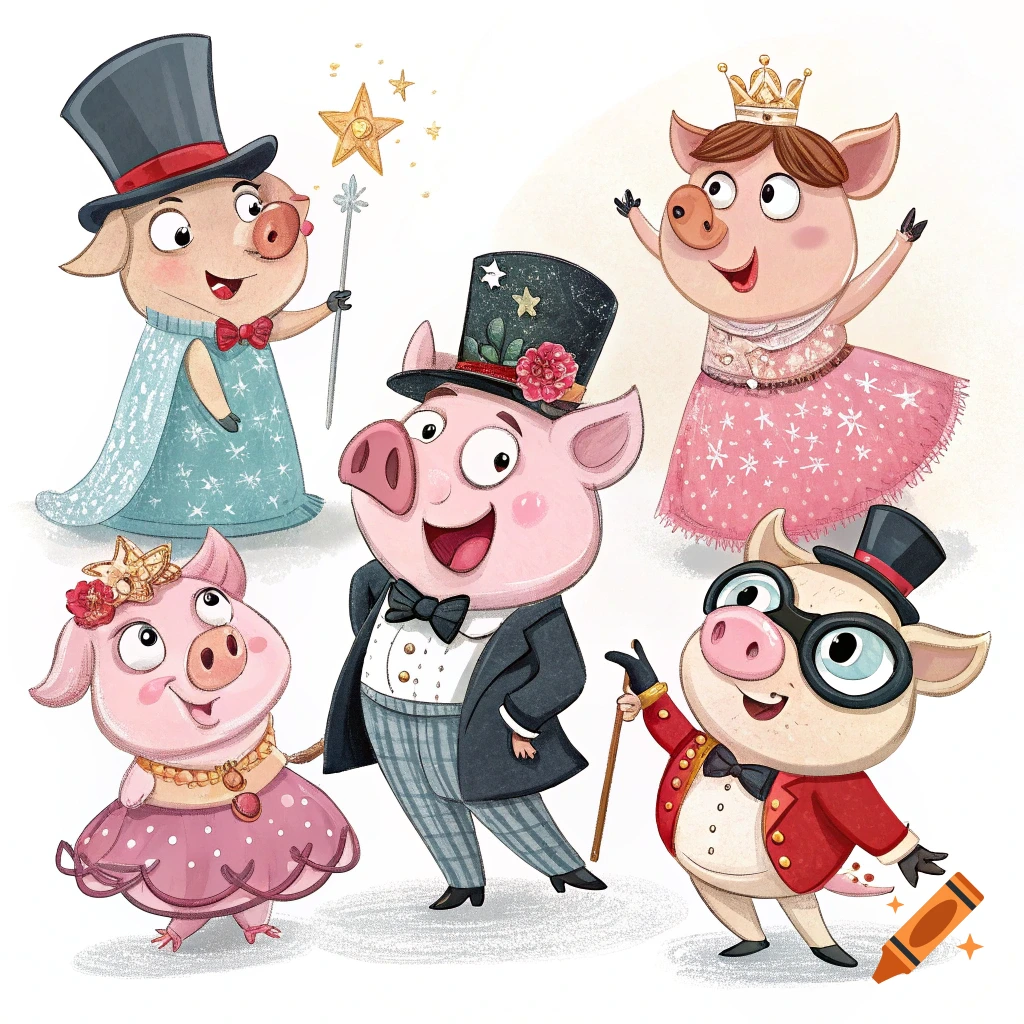 Cartoon illustration of five fancy pigs in costumes, including top hats, dresses, and suits.