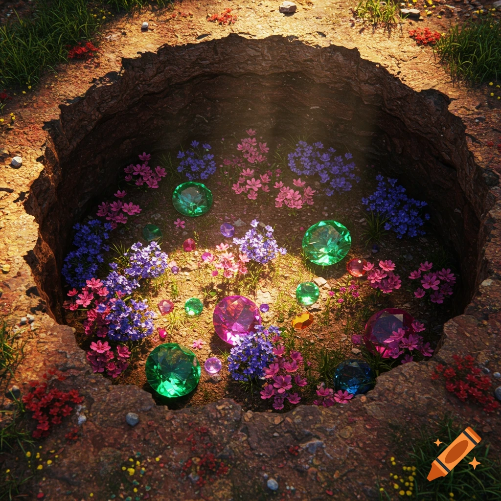 A hole in the ground filled with colorful flowers and shiny gemstones.