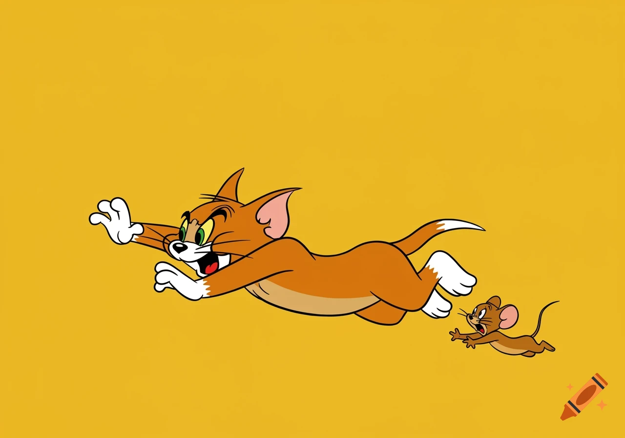 Cartoon cat chases a mouse on a yellow background