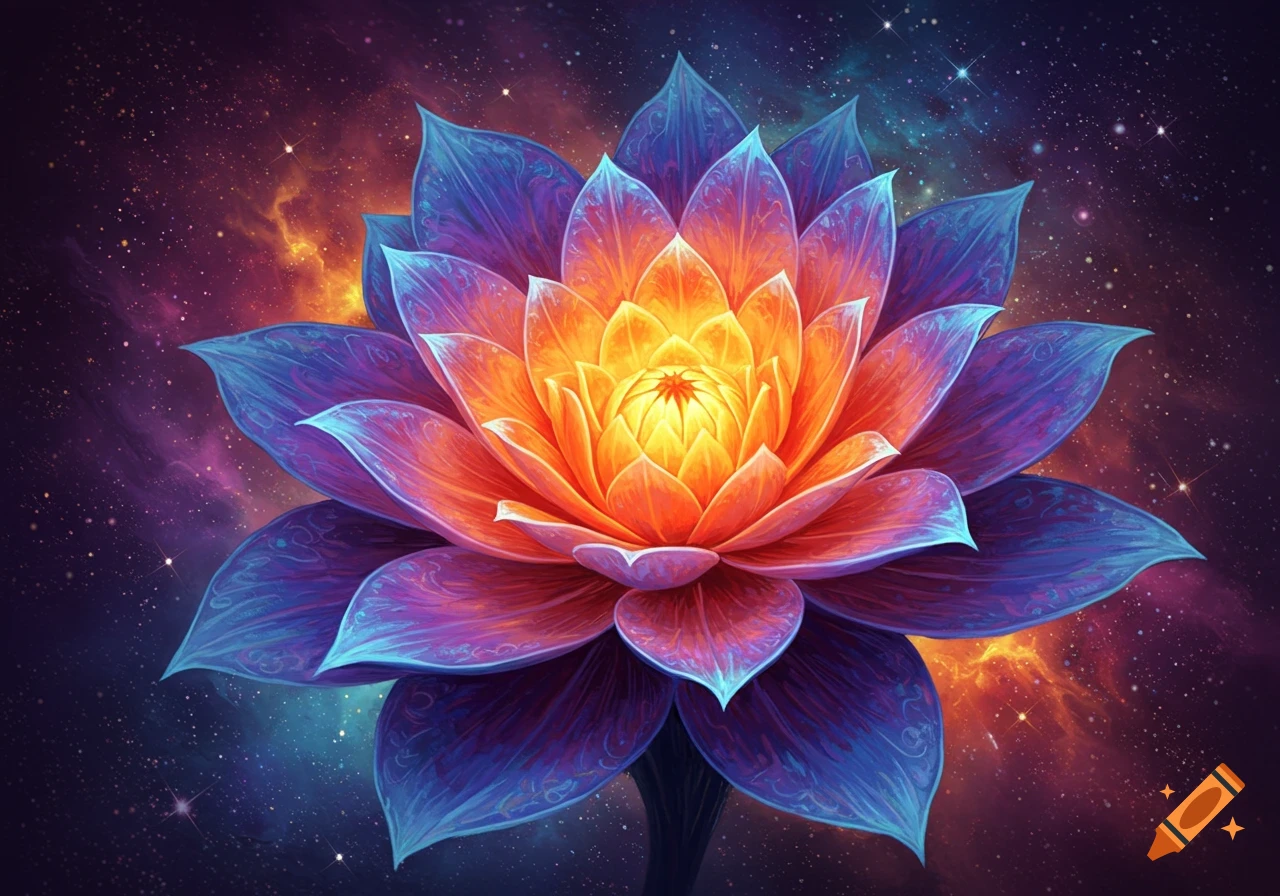 Psychedelic painting of a glowing lotus flower against a starry space background.