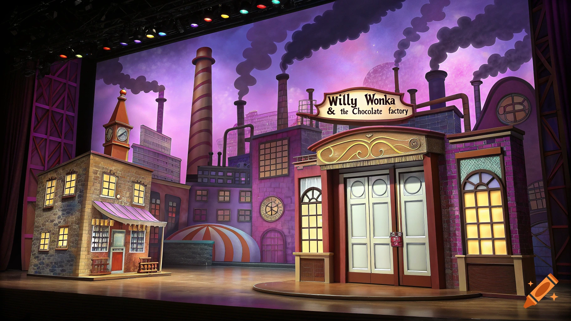 Stage set design for Willy Wonka's Chocolate Factory.