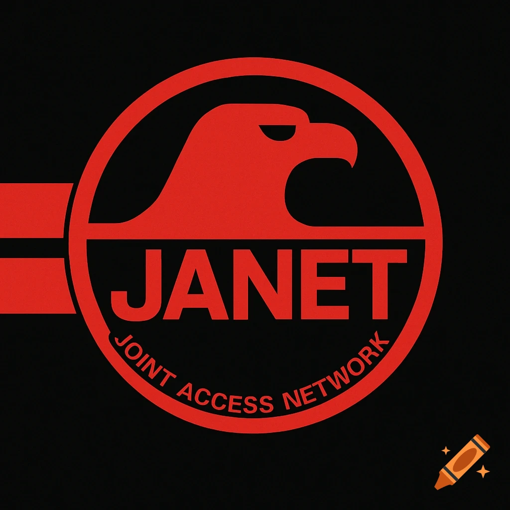 Red circular logo with an eagle head, 'JANET', and 'JOINT ACCESS NETWORK' on a black background with red stripes.