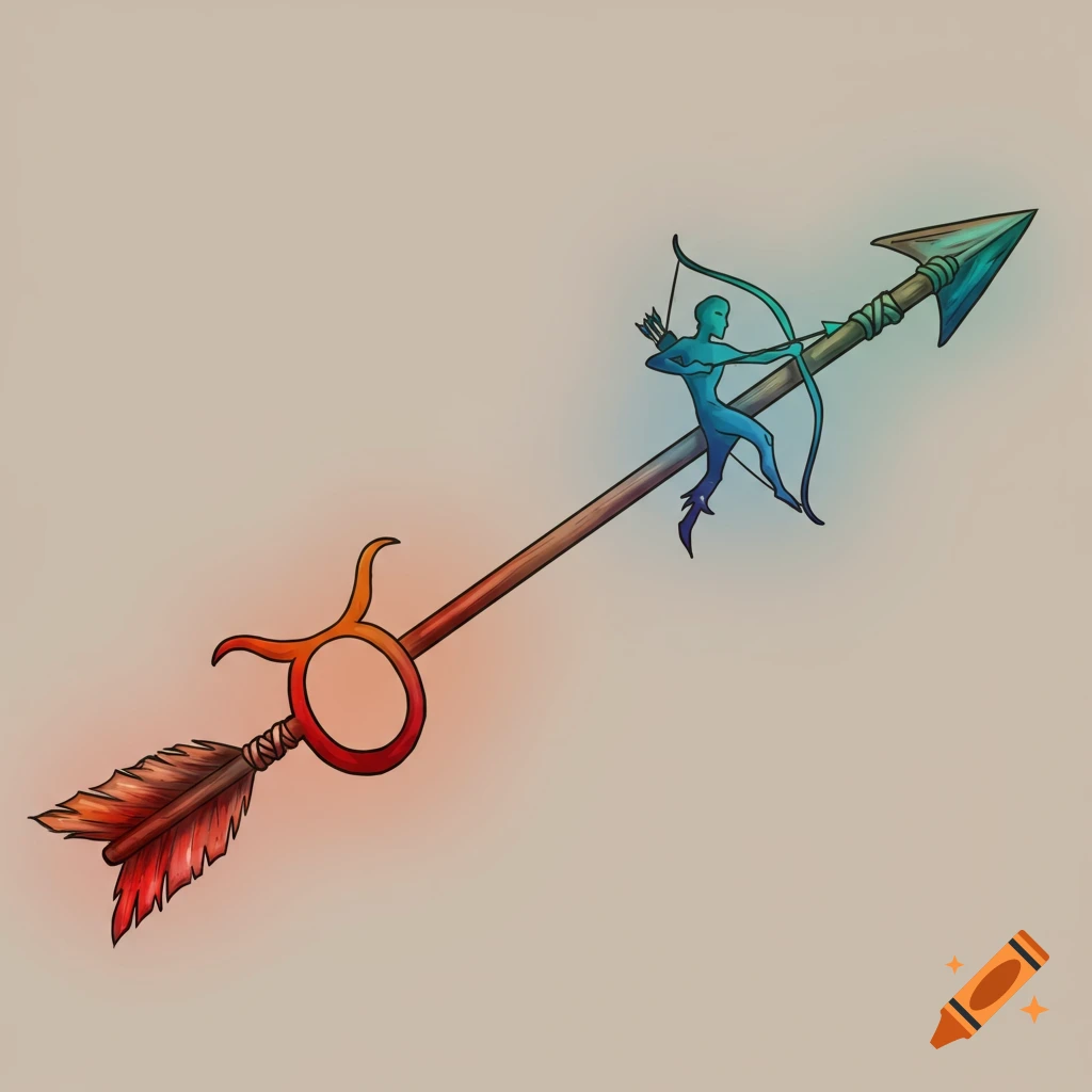 Illustration of an arrow combining Taurus and Sagittarius astrological signs with an archer figure.