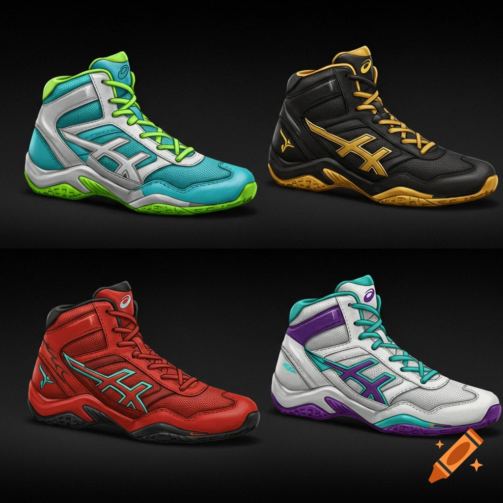 Four illustrations of wrestling shoes in different color schemes.