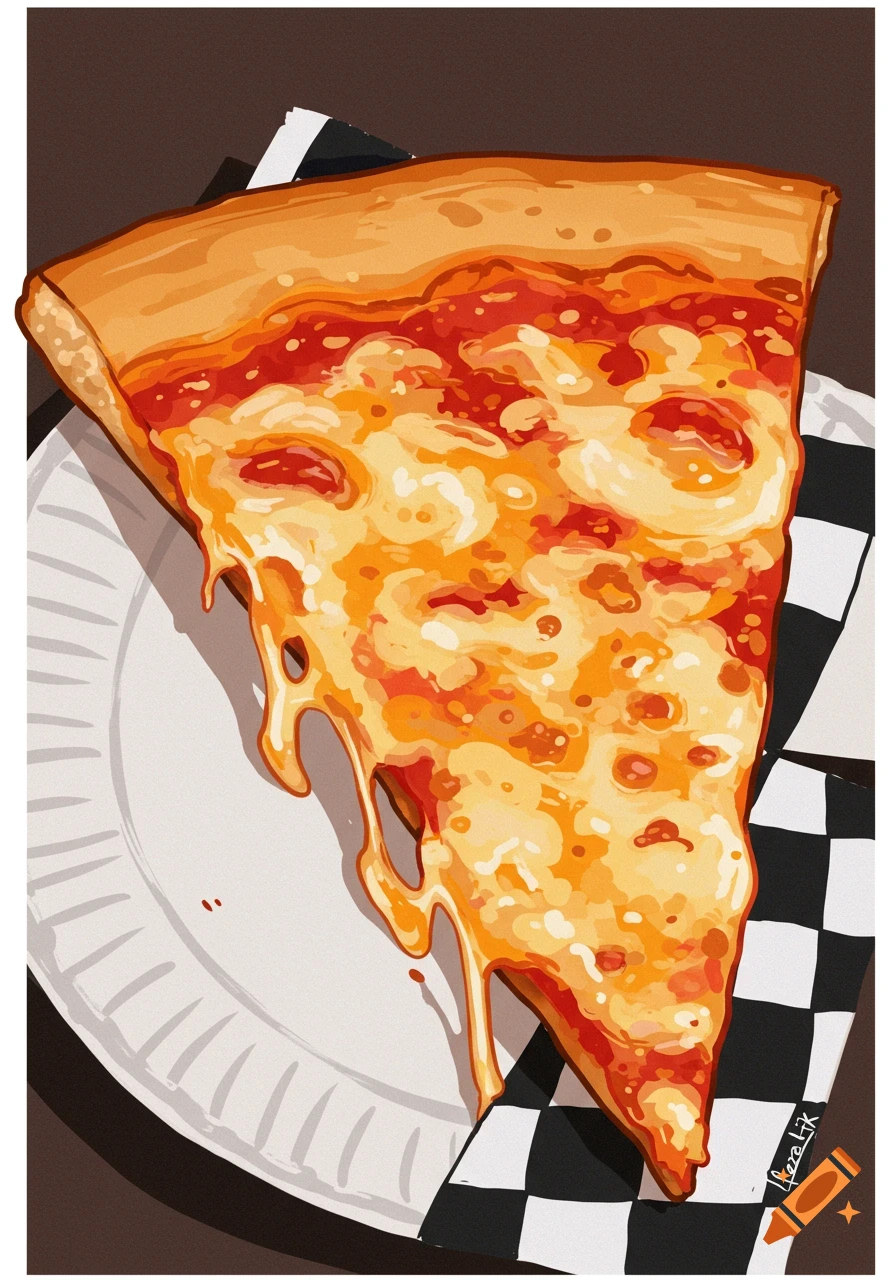 Illustrative close-up of a melting slice of pizza on a plate and checkered napkin.