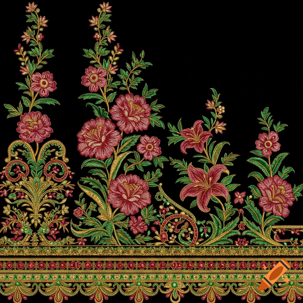 Floral embroidery pattern with red, green, and gold threads on black background