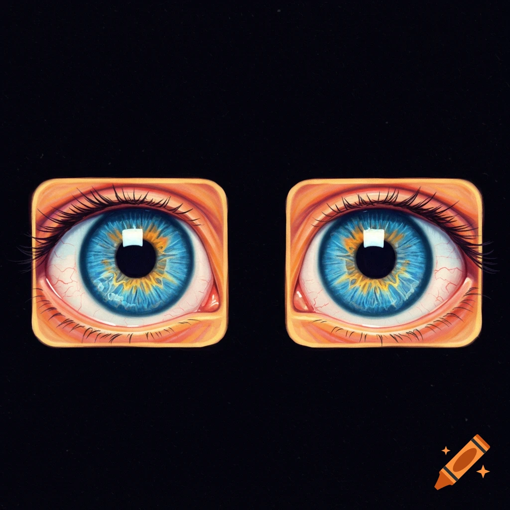 Two blue eyes in square frames on a black background, detailed illustration.