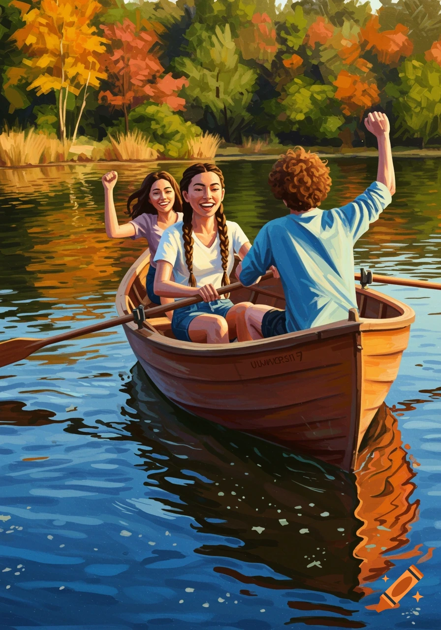 Students rowing a boat on a lake in autumn, painterly style.