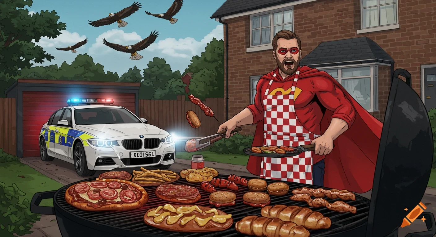 A cartoon of a superhero dad grilling a huge BBQ, with eagles flying overhead and a police car in the driveway.