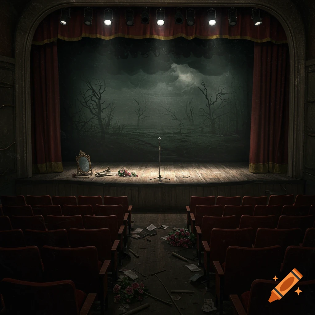 Creepy view of an abandoned theatre stage with a microphone, mirror, debris, and flowers.