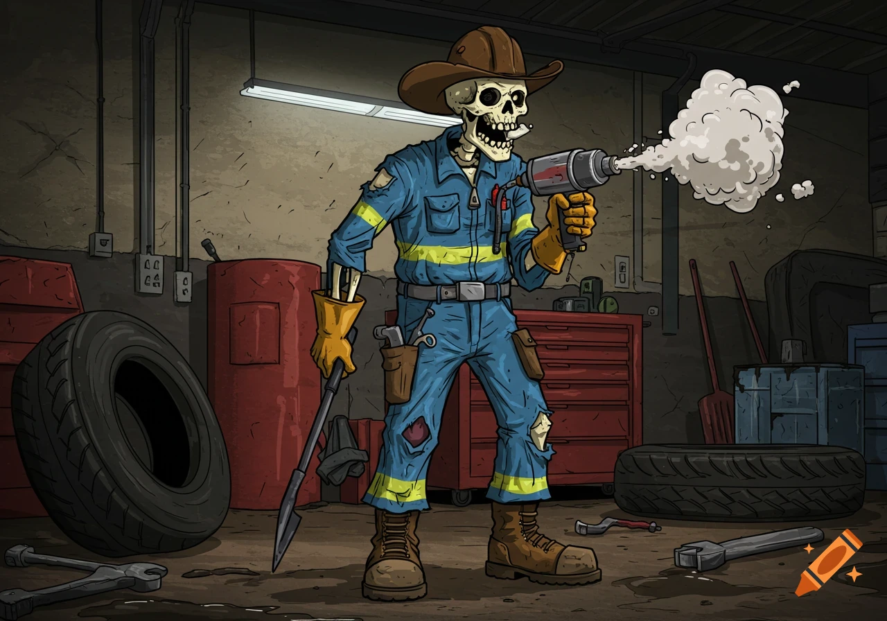 A cartoon skeleton mechanic with a cowboy hat holds a tire iron and air wrench in a workshop. Comic book style.