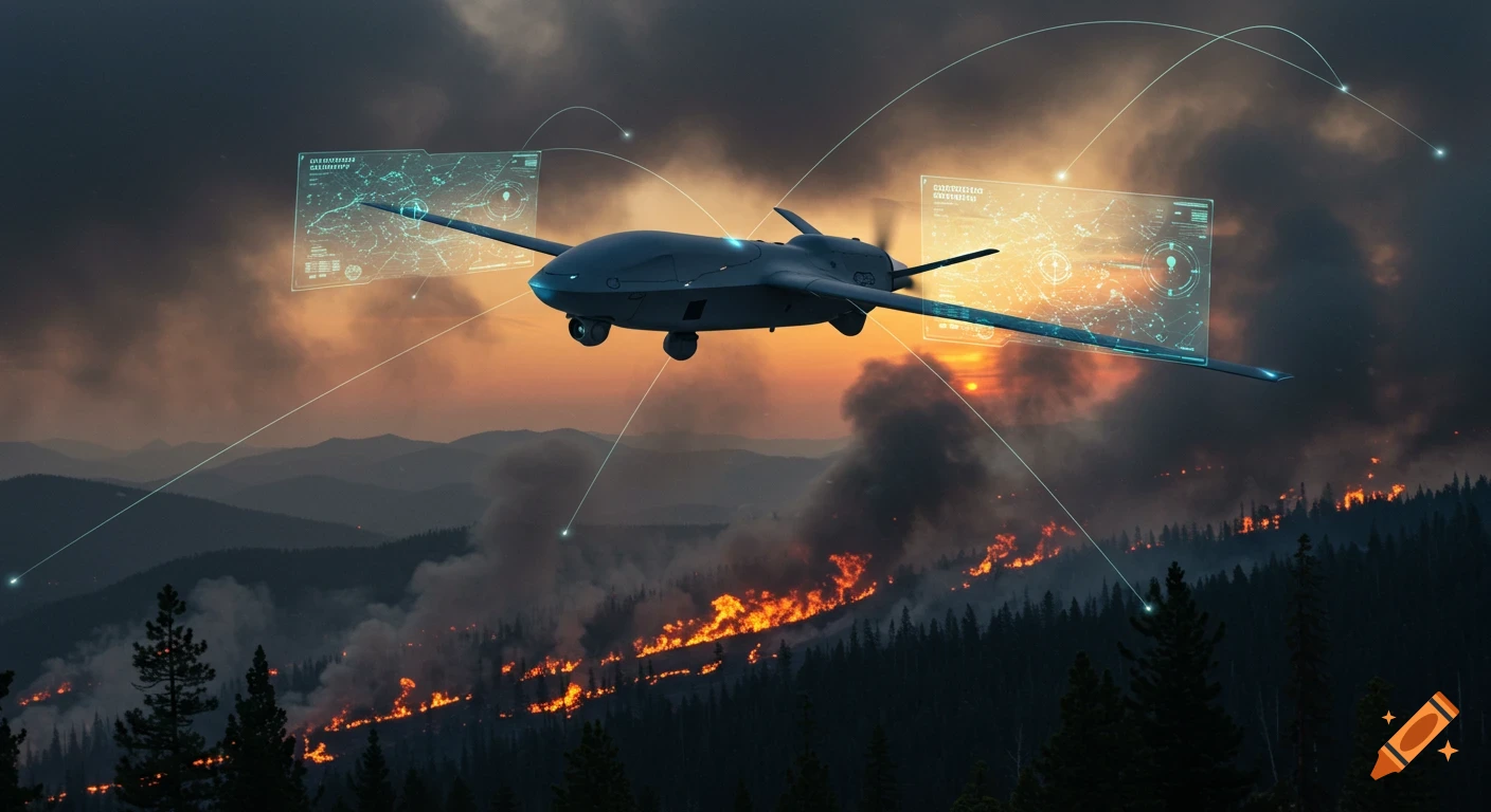 A drone flies over a forest fire at sunset, with holographic displays visible.