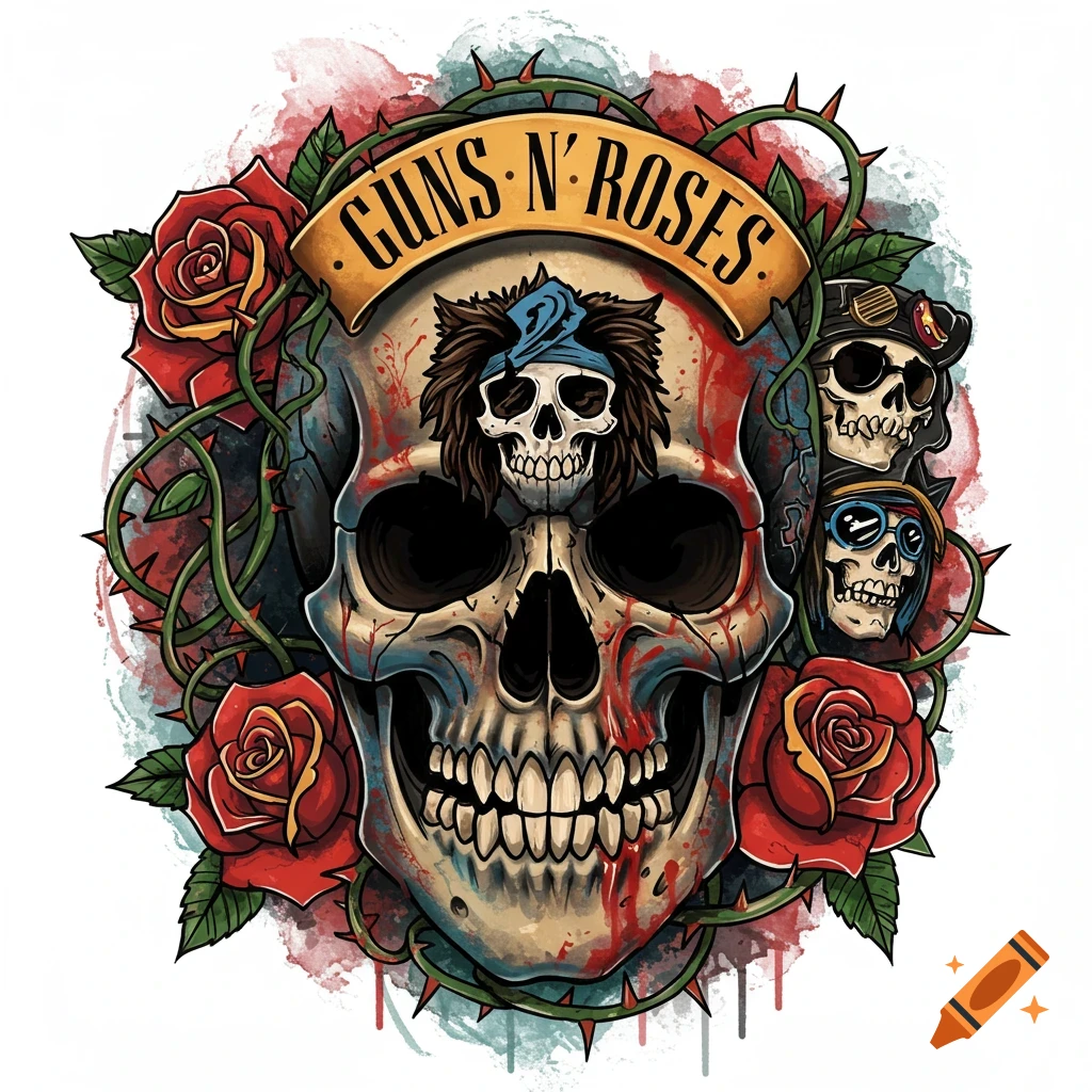 Stylized drawing of a skull with Guns N' Roses banner, roses, and thorns, in a tattoo style.