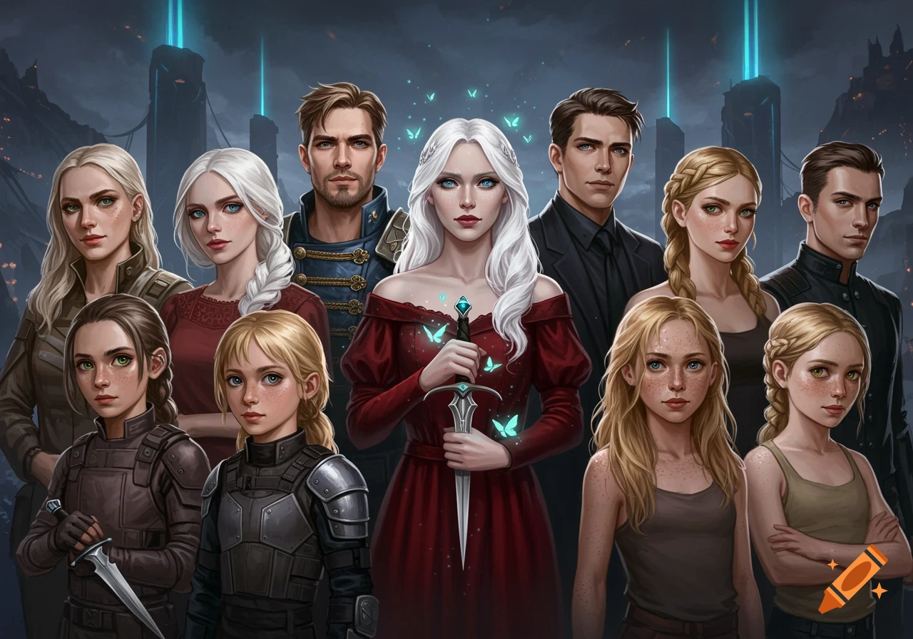 Group portrait of fantasy characters against a dark, futuristic ...