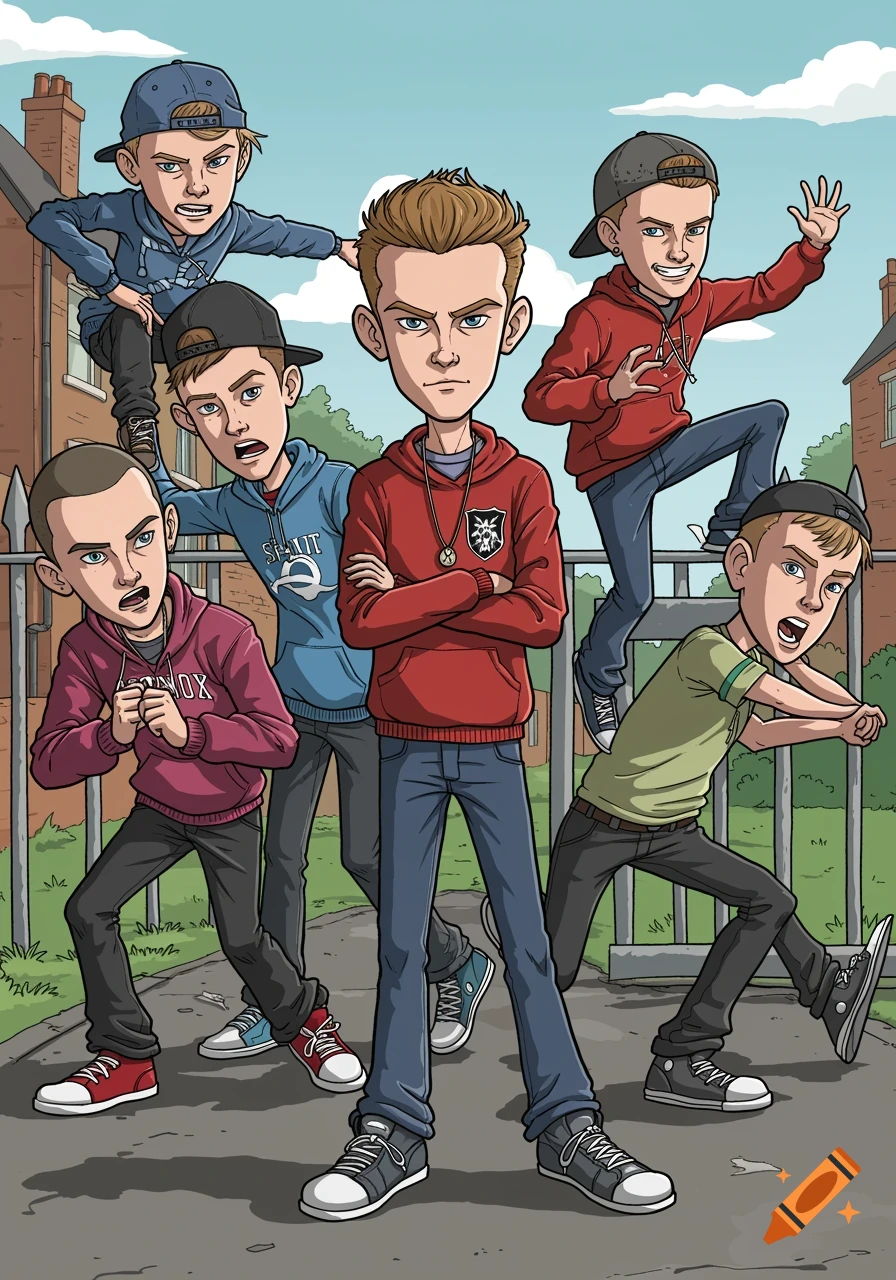 A cartoon illustration of a group of teenage boys posing outdoors.