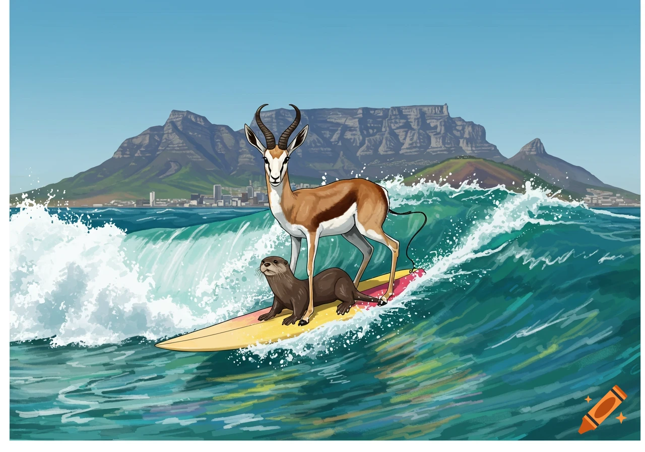 Illustration of a springbok and otter surfing a wave with Table Mountain in the background