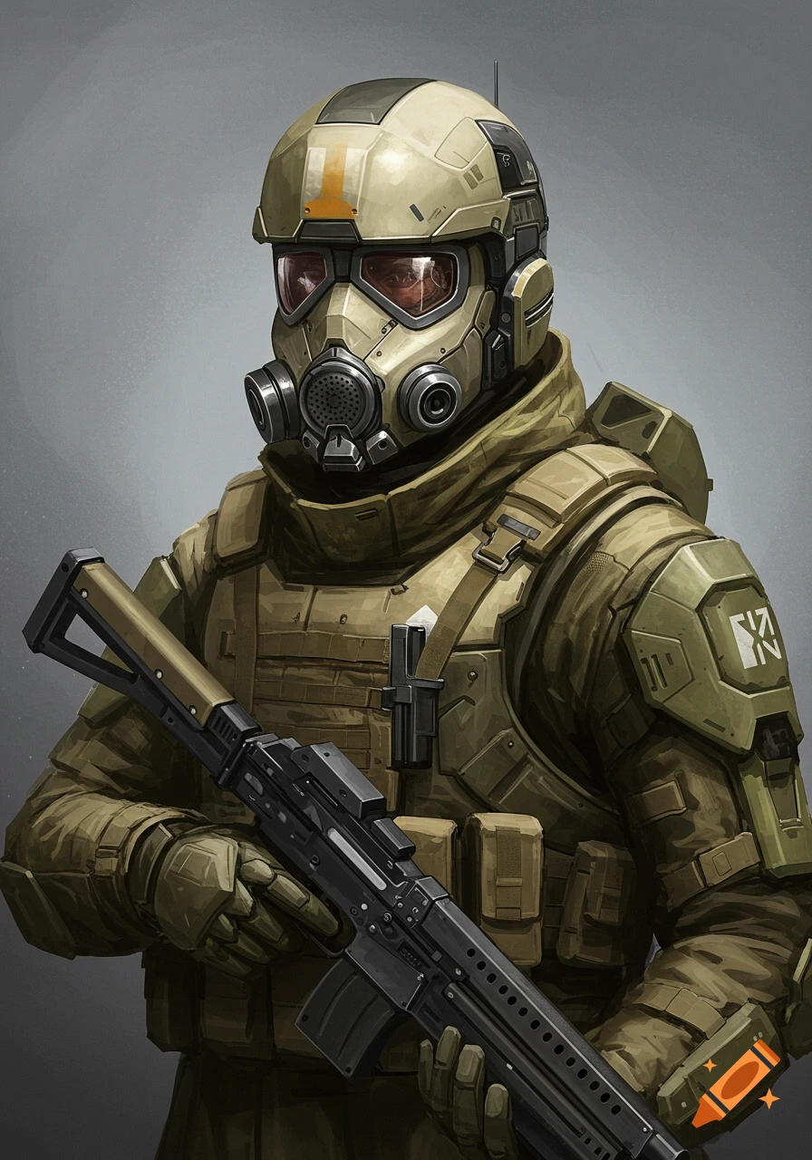 A soldier in sci-fi armor and a gas mask holds a rifle in a concept art style.