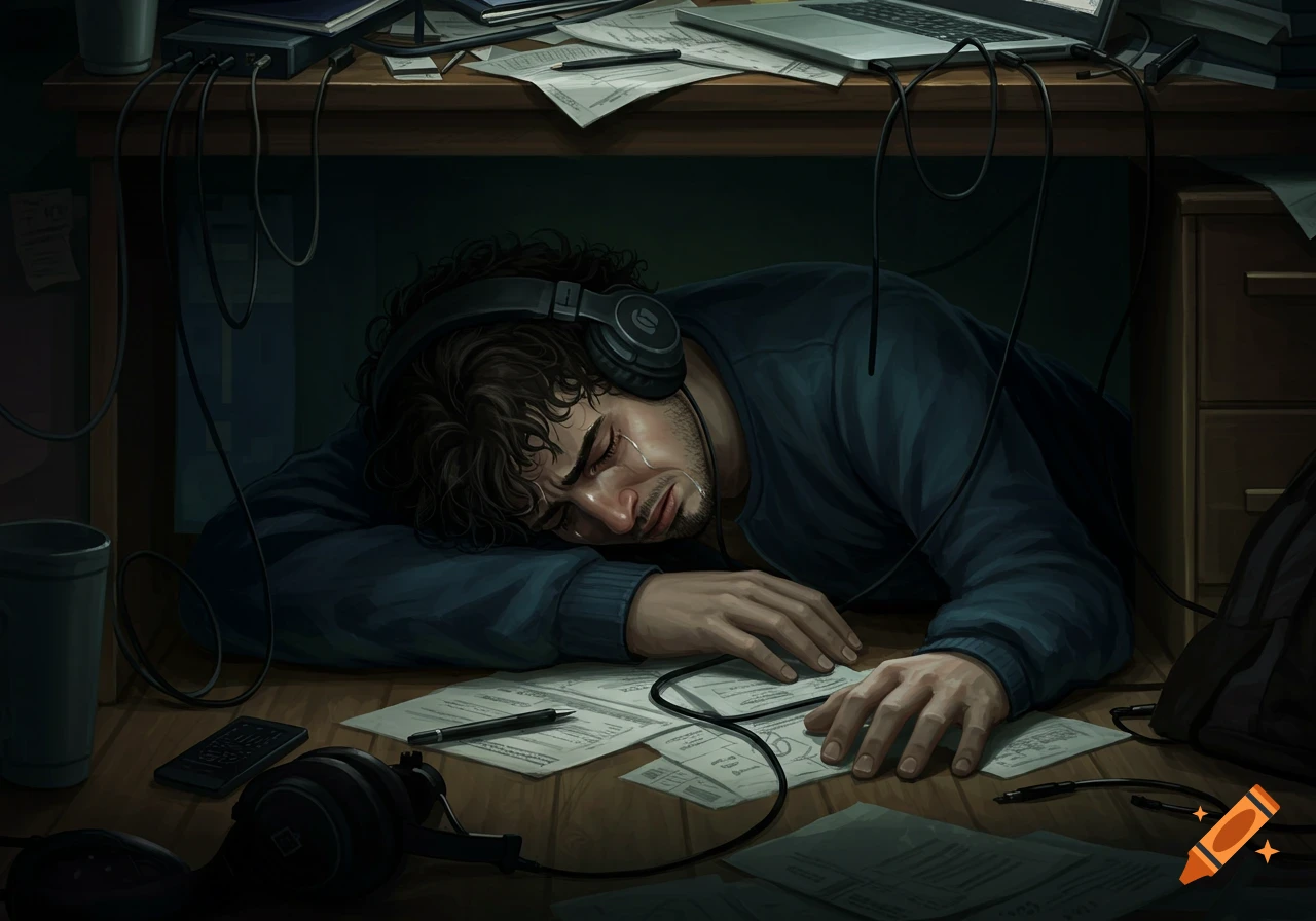 A man with headphones cries under a desk covered in papers and computer equipment.