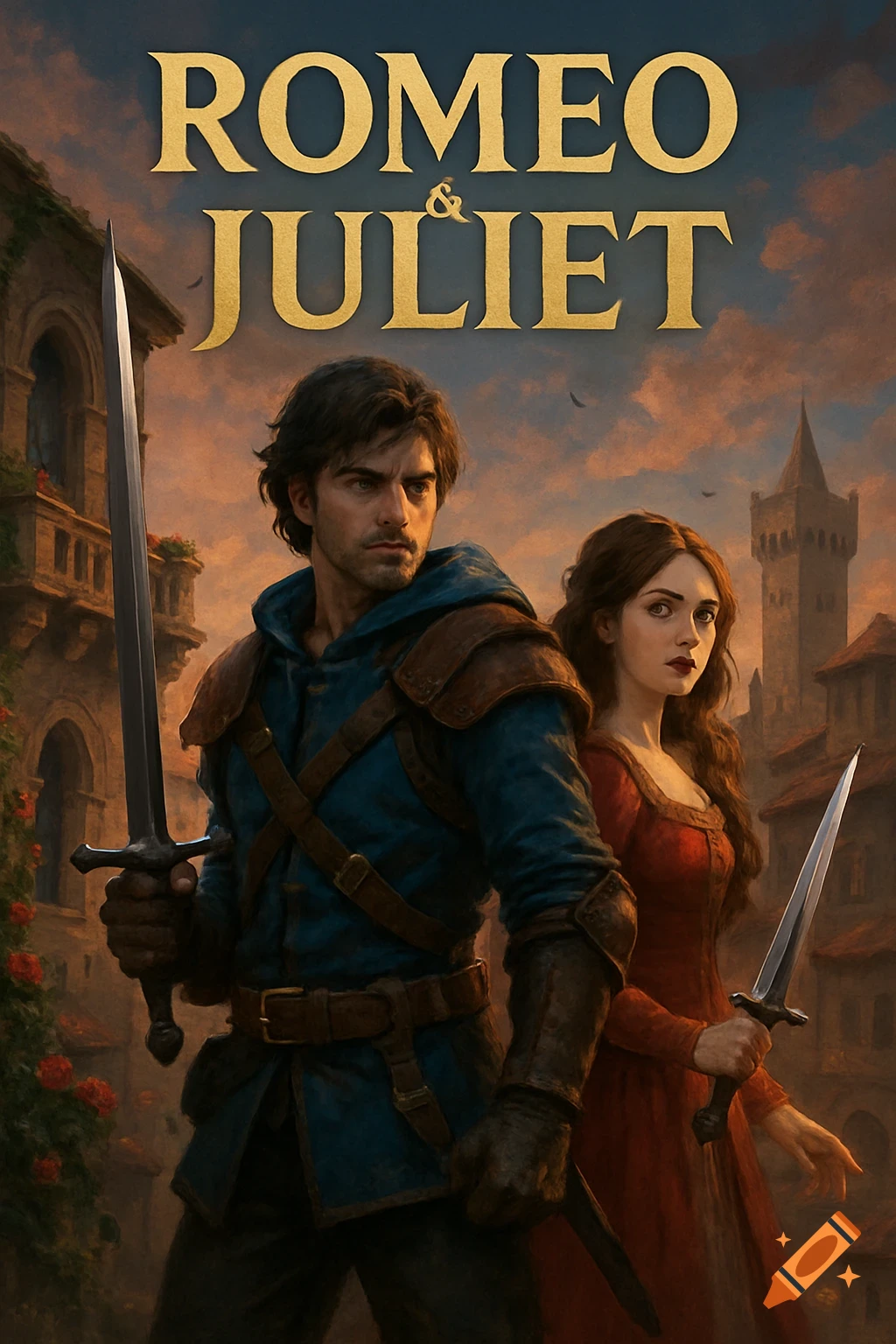 Dramatic poster style image of two figures, one with a sword, the other a dagger, standing in a town square setting below the title "ROMEO & JULIET"