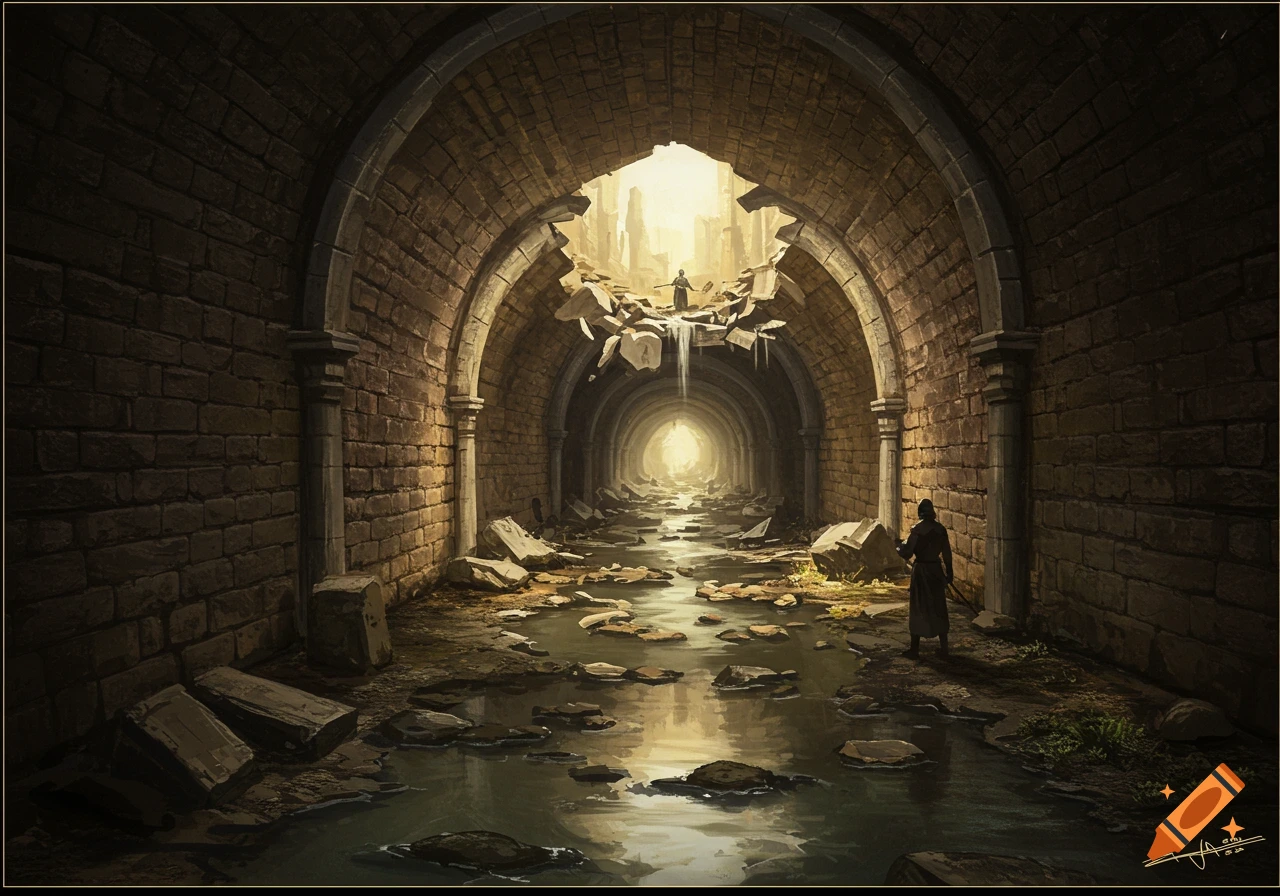 A lone figure stands in a ruined medieval stone tunnel with water flowing through it, looking towards a collapsed section ahead lit by outside light.