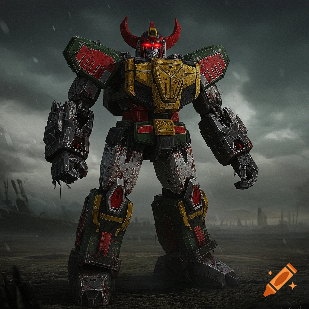 A large, damaged robot with red eyes stands in a desolate, rainy landscape under a stormy sky.