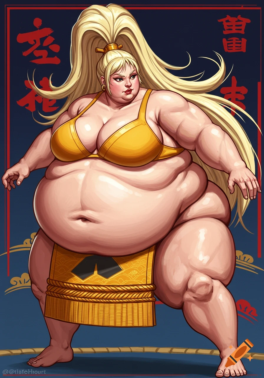 Stylized illustration of an obese female sumo wrestler with blonde hair in a ponytail, wearing a golden bra and mawashi.