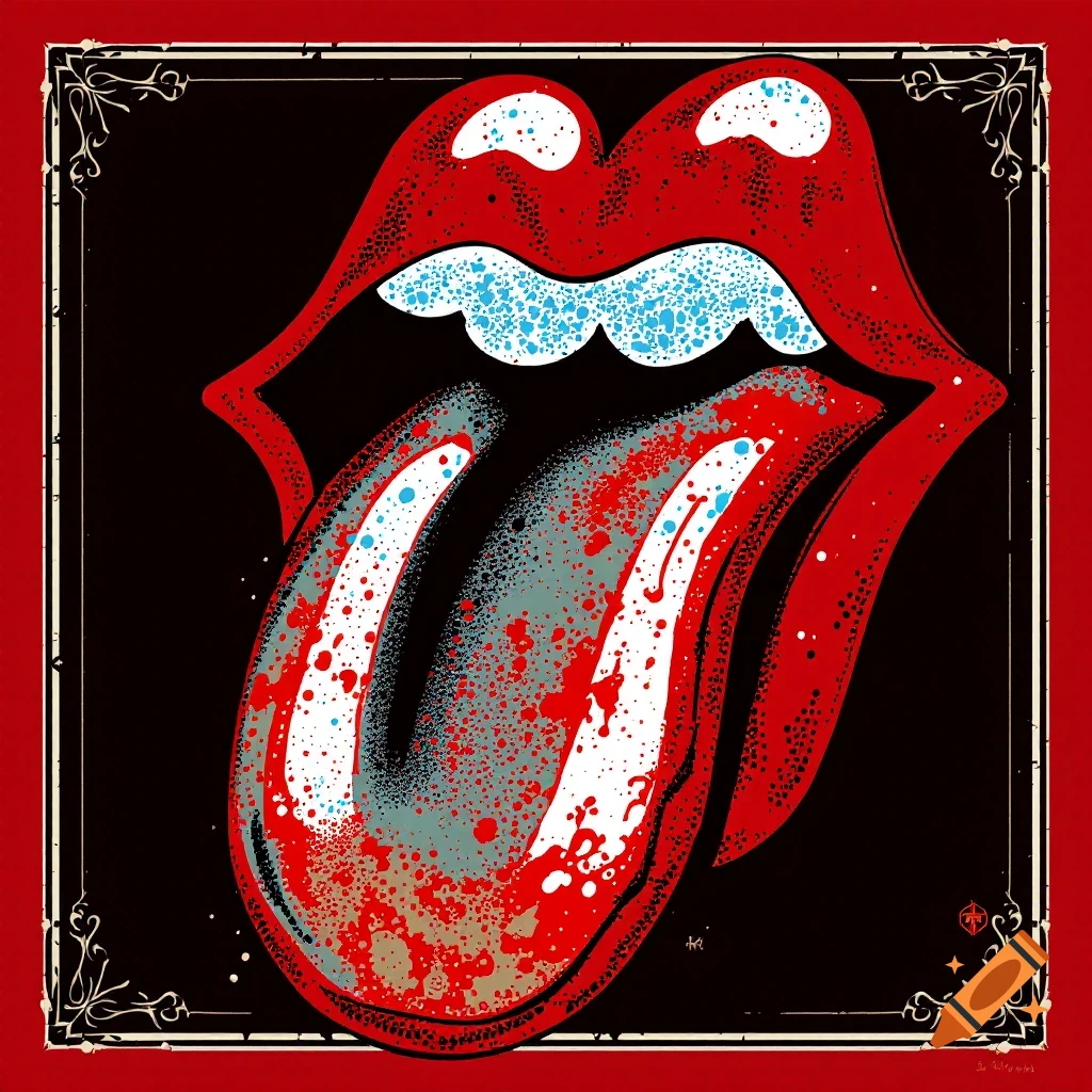 Graphic illustration of red lips and tongue with paint splatters on black and red background.