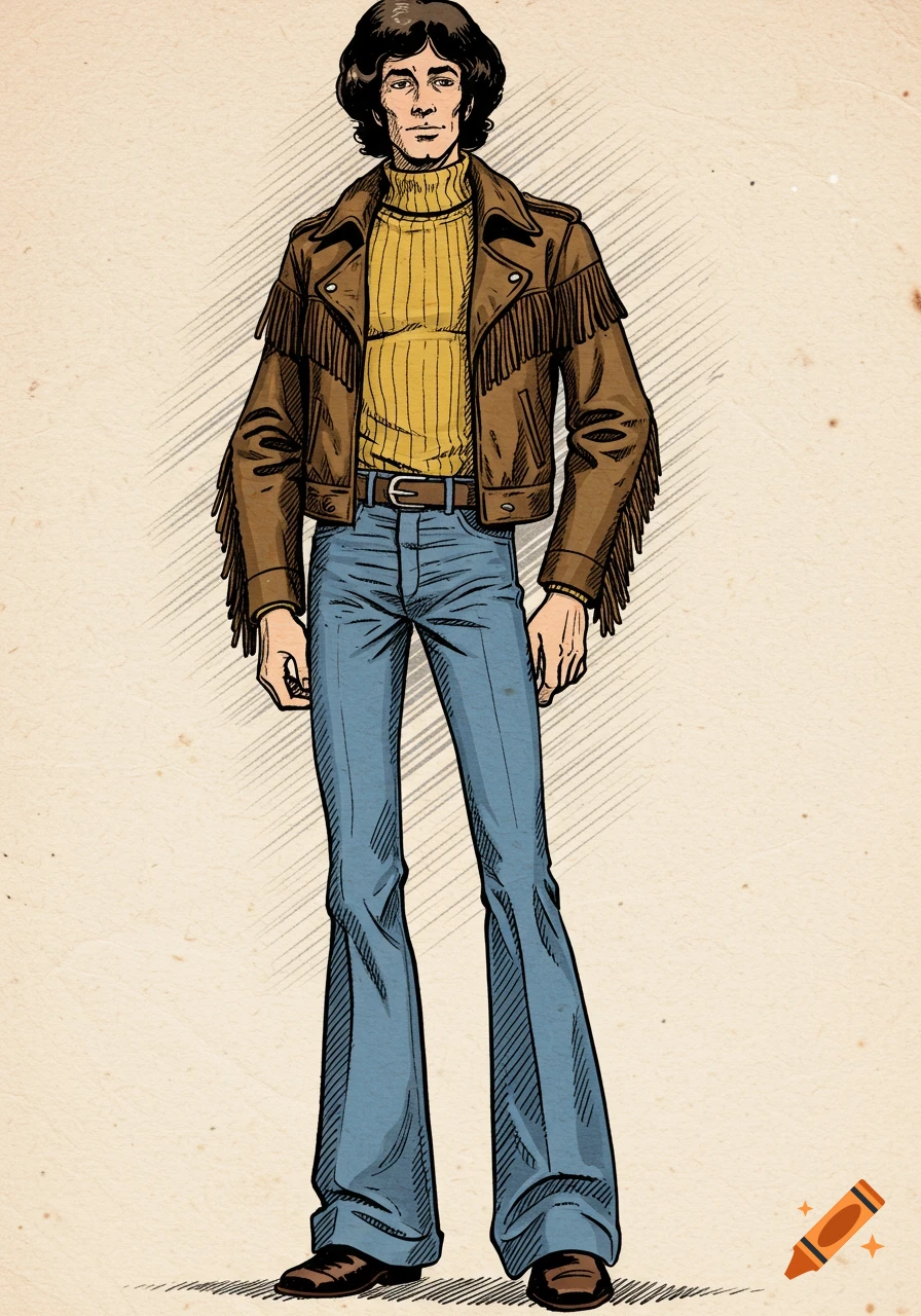 Illustration of a man in 1970s fashion: brown fringed leather jacket, yellow turtleneck, blue bell-bottom jeans, in a sketch style.
