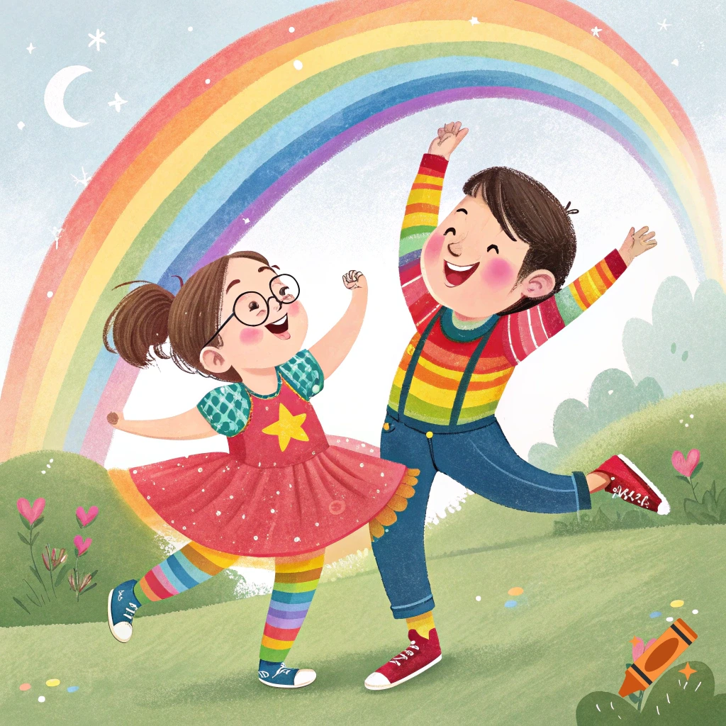 Illustration of two happy children dancing under a rainbow in a field.