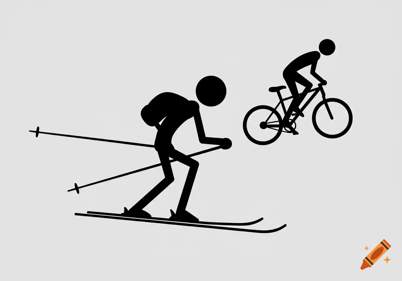 Black stick figures skiing and cycling on a light background.