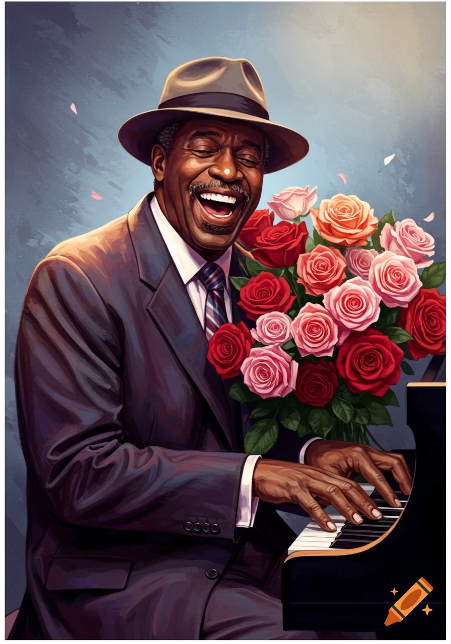 Smiling man in hat playing piano with a large bouquet of roses, illustration