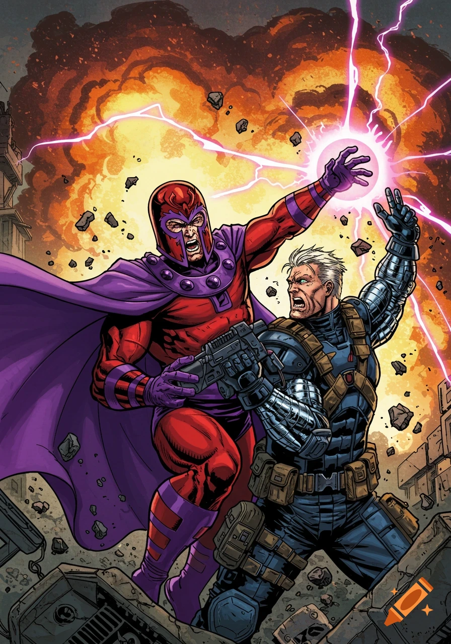 Comic book style image of Magneto and Cable fighting in a ruined city with an explosion.