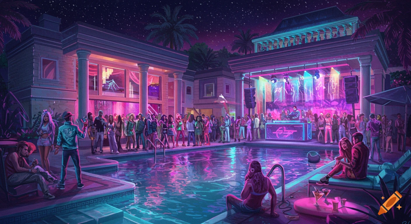 Neon lit pool party outside a mansion with a crowd, DJ, and starry sky, in a synthwave style.