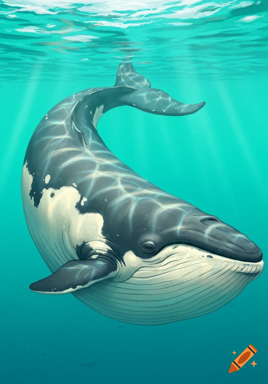 Stylized illustration of a large whale swimming underwater with light rays from the surface.